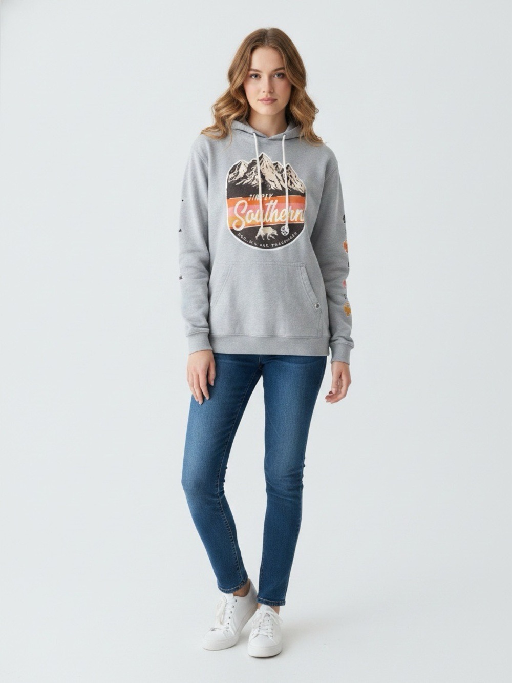 Simply Southern Mountain Graphic Hoodie Sweatshirt Medium Gray Sleeve Print Jeep - Picture 2 of 6